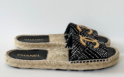 NEW 24P CHANEL BLACK WHITE GOLD TWEED LEATHER SLIDES FLATS