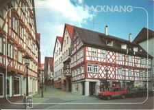 AK Backnang - Fußgängerzone, Fachwerkhäuser, roter Fiat Panda, Laterne -ca. 1980