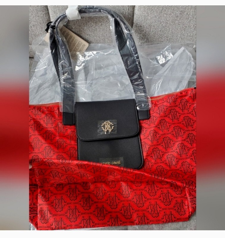 Roberto Cavalli Nylon Red/Black Logo Pattern Folding Medium Shopper Tote Bag — image 3
