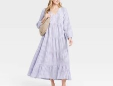 Universal Thread Tiered Cotton Striped Maxi Dress Long Sleeve Pockets Boho