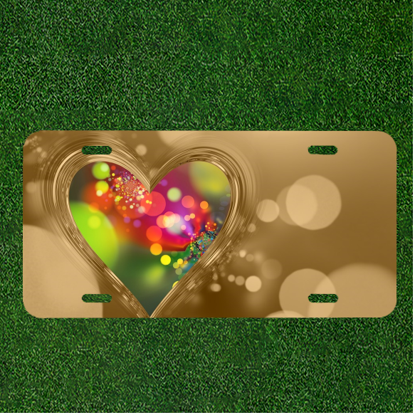 Custom Personalized Auto Tag With Stunning Colorful Heart In Gold