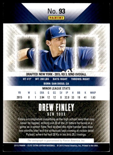 2015 Panini Elite Extra Edition Autographed Prospects Drew Finley Auto New York - Picture 2 of 2