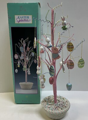 Vintage 18'' Easter Tree 20 Wooden Ornaments Boxed Eggs Bunny Hand Painted READ