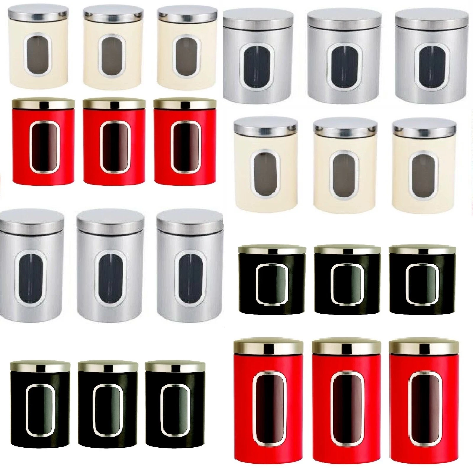 3PC Stainless Steel Large Tea Coffee Sugar Kitchen Storage Jars Canisters Set