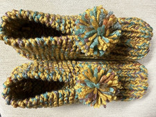 Handmade Knit Indoor House Slippers Gold/Jade Mix Wms Sm/Med Mans X Sm 8 1/2"