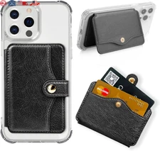 Stick-On Phone Wallet Universal Credit Card Holder with Kickstand, Black Leather