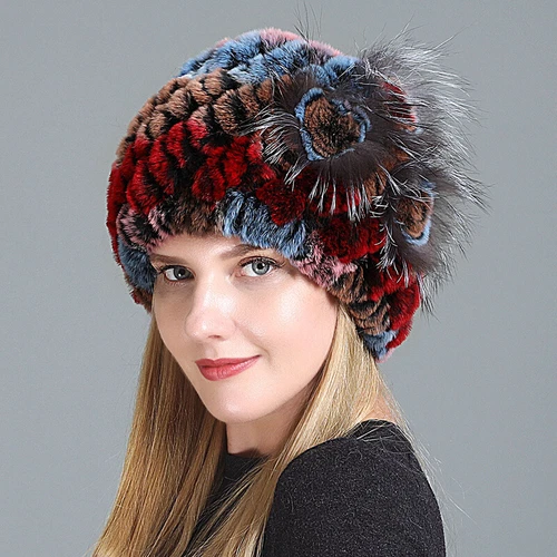 Damen Echt Rex Kaninchenfell Beanie Mütze Winter Warm Mütze mit Fuchs Handarbeit Geflochten - Bild 42 von 52