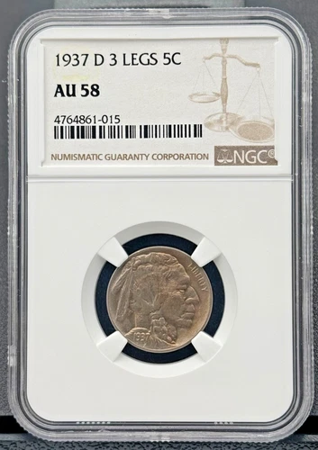 1937-D 3-Legged Buffalo Nickel NGC AU-58, Key Date,Great Resubmission Candidate 