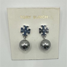 Tory Burch Silver Pearl Dangle Drop Earrings Round Logo Design
