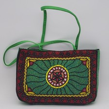 Barse Hand-Beaded Satin Purse Green Red Gold Boho Shoulder Bag