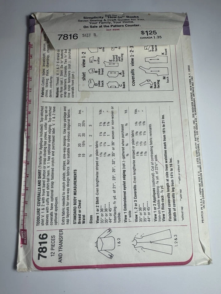 1970's Simplicity Toddlers' Coveralls,Shirt w/Transfer   Pattern 7816  Size 1-2 - Image 4 of 4