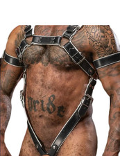 Men Leather Chest Harness Body Armor Buckle Adjustable Strap Ring White Costume
