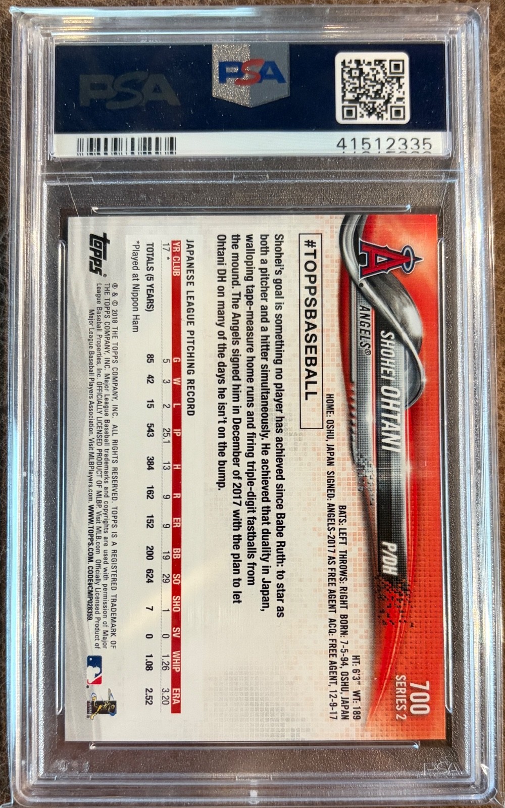 2018 Topps #700 Shohei Ohtani RC PSA Gem Mint 10 view 2