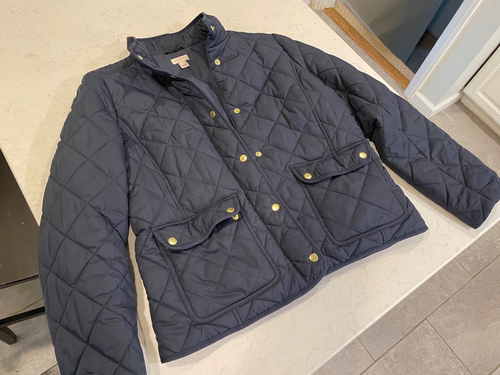 J.Crew Jacket Womens Large Navy Quilted Snap Front Short Coat Pockets Warm