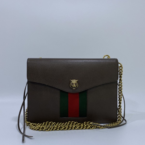 Gucci brown leather animalier chain shoulder bag with three-line stitch