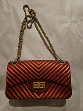 Red Metallic Chevron Quilted Shoulder Bag Gold Chain Strap Turn Lock Closure