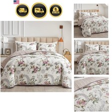3 Pieces Quilt Set Full/Queen Size, Beige Floral Reversible Bedspread Coverle...