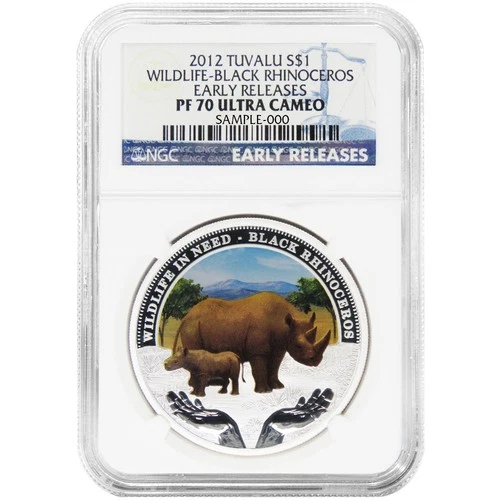Tuvalu 2012 $1 Silver Wildlife Black Rhinoceros NGC PF70UC ER Blue Label