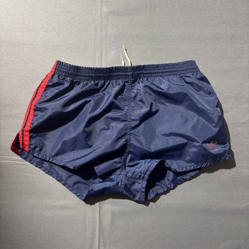 Vintage adidas Trefoil Running Shorts 70s 80s Nylon Navy Blue Red Made USA Large