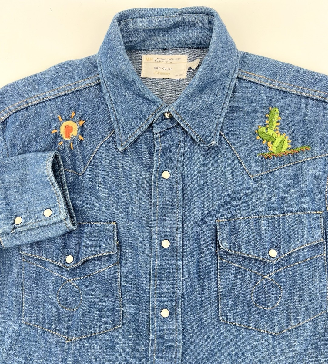 Vintage 70s JCPenney Western Denim Shirt Medium Pearl Snap
