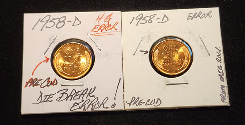 2×HG "PRE-CUD" DIE BREAK UNC 1958-D LINCOLN WHEATBACK CENT ORIGINAL ROLL ERRORS! - Picture 2 of 10