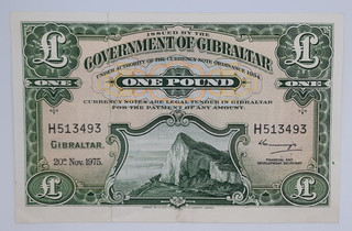 1975 Government of Gibraltar 1 (One) Gibraltar Pound Banknote First Run P 18c