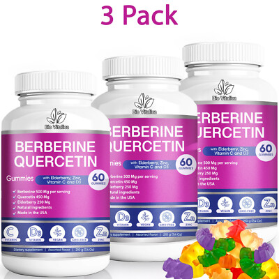 (3 Pack) Berberine Quercetin Gummies - Vitamin C D3 Zinc & Elderberry 5 in 1 Mix