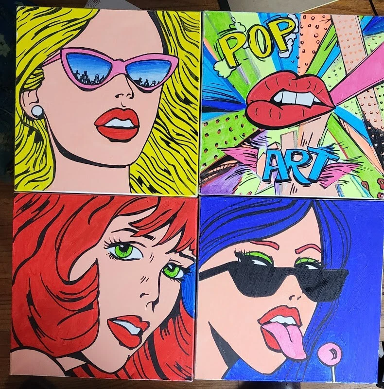 "Art Girls" Set of 4 Pop Art Original Canvas Paintings by Elena Polyakova. COA. - Image 3 of 4