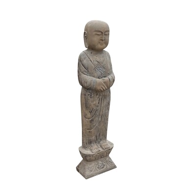 Pair Chinese Stone Carved Standing Zen Garden Monk Lohon Statues cs7645S Pair Chinese Stone Carved Standing Zen Garden Monk Lohon Statues cs7645S