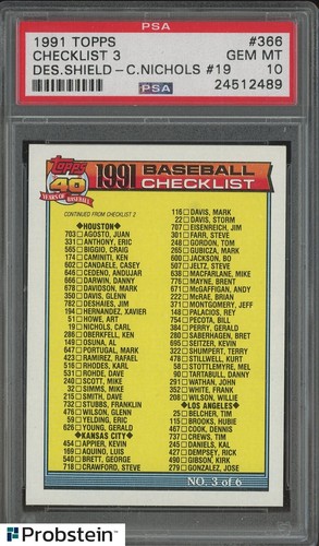 1991 Topps Desert Shield #366 Checklist #3 Carl Nichols #19 PSA 10 GEM ...