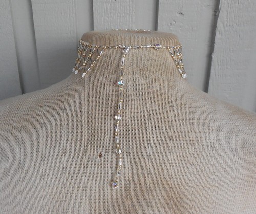 etted Weave Adjustable Beaded Choker Necklace in Silver White Gold w/Drop Beads - Picture 6 of 8