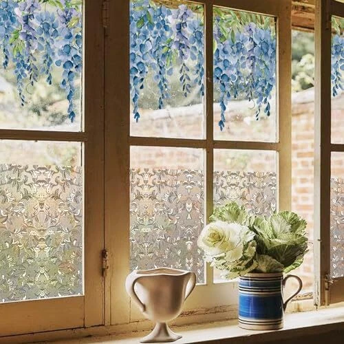 Flores Estáticas Ventana Adhesivos para Ventana de Vidrio, Floral 3D Bracken Azul Glicina Foto 4 de 4