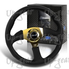 Black Leather Grip Nrg 350mm 6-hole Gold 3-spoke Racing Deep Dish Steering Wheel