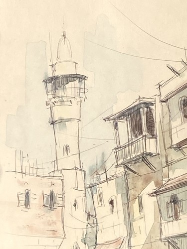 Orig Vintage Jaffo/Yafo Israel Watercolor w/Lighthouse~Boat~Cityscape~Waterfront - Picture 3 of 12