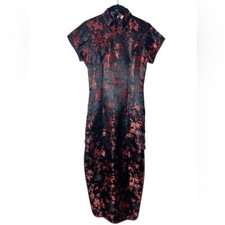 Kim Fashion - Women's Vintage Cheongsam Dress Black & Red Maxi High Collar Sz. M