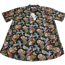Hawaiian Aloha Shirt Mens Large Coconuts Parrots Tropical Birds Luau Colorful