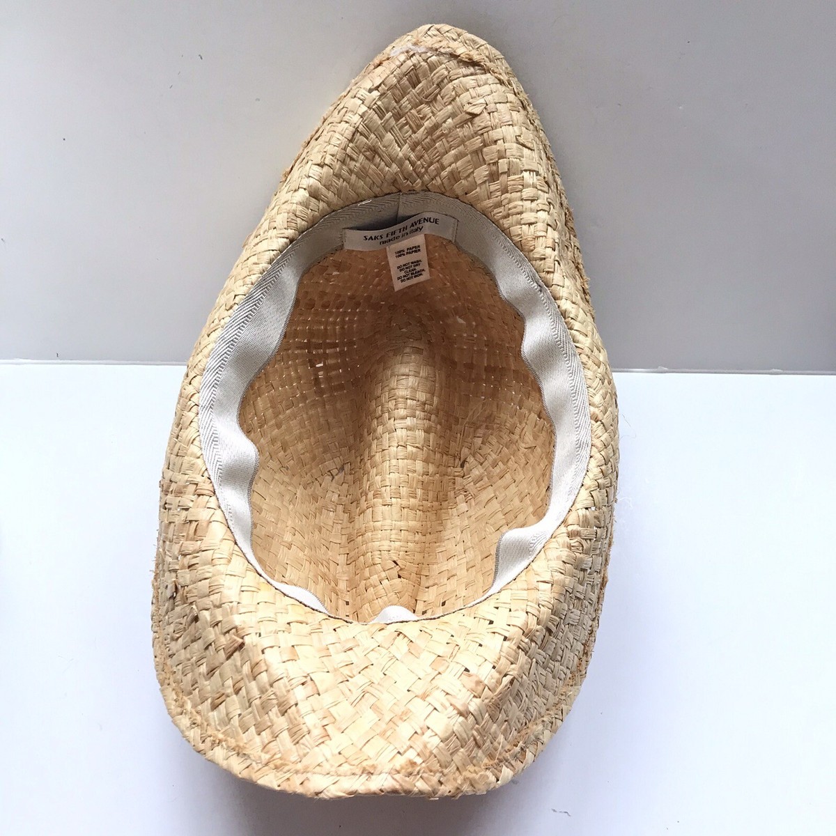 Saks Fifth Avenue Made in Italy Straw Fedora Hat Tan Green Red Band Preppy Cream Paper Straw Fedora Hat with Ribbon Band | Traveller  main image 2