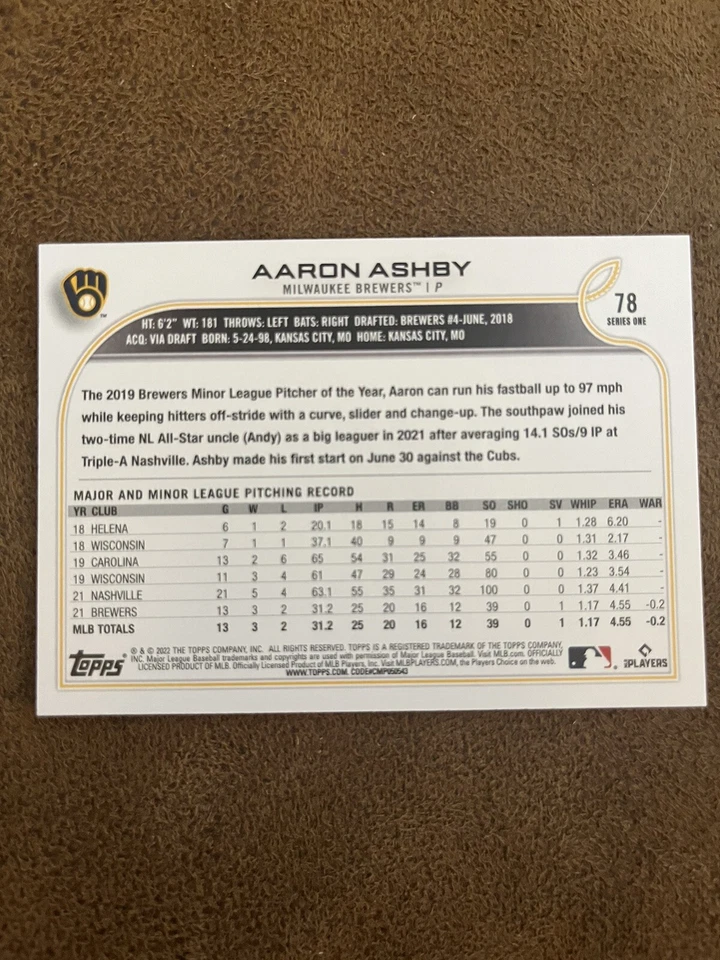 2022 Series 1 Base #78 Aaron Ashby - Milwaukee Brewers - Image 2 of 2