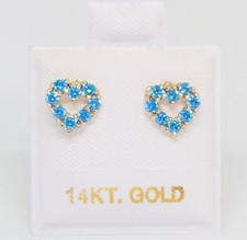 14K Solid Yellow Gold 7mm Lab-Created Blue Topaz Heart Shape Screw Back Earrings