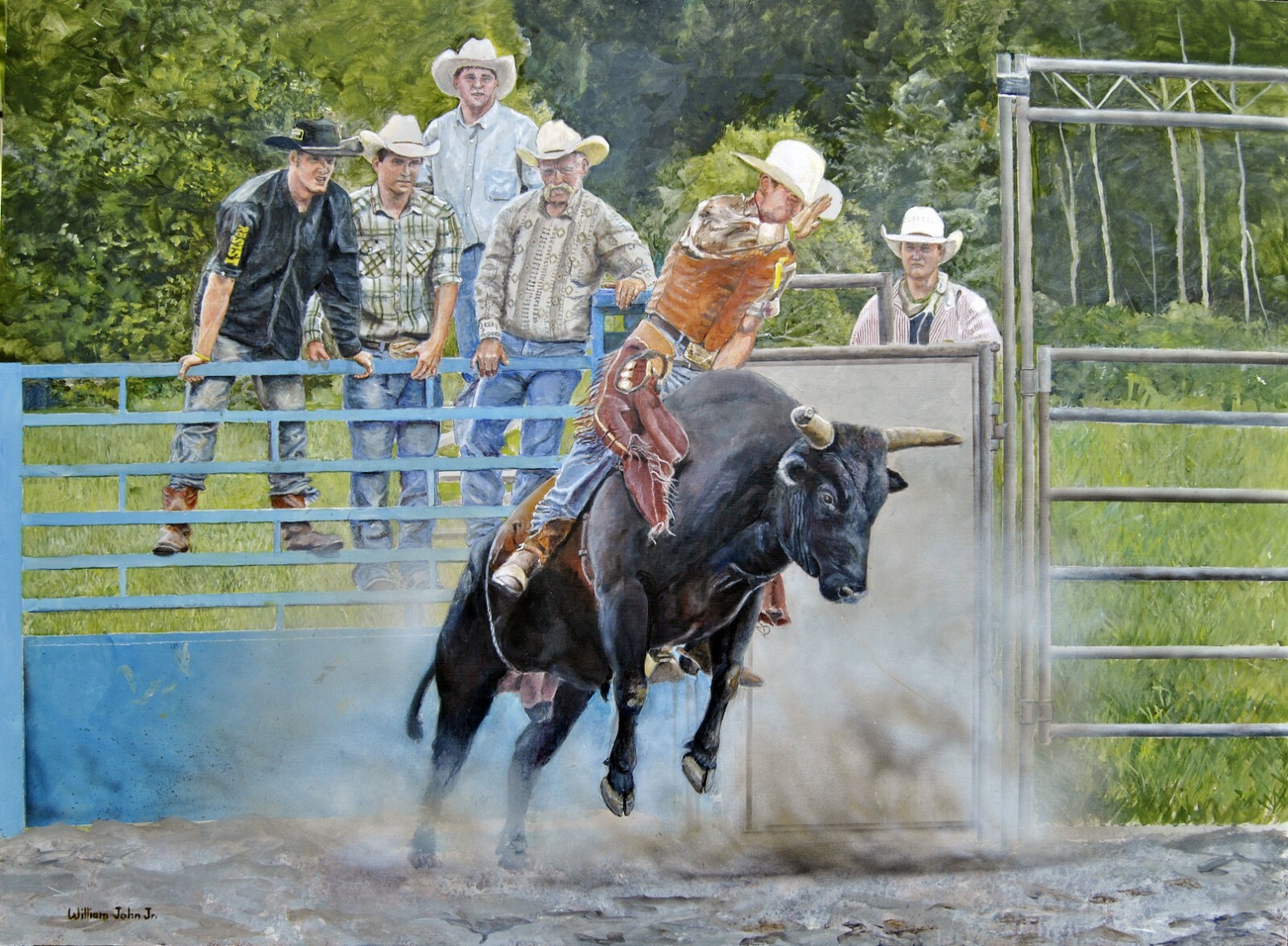 William John Jr Rodeo Bull Riding Kicking Up Dust 30x40 Acrylic