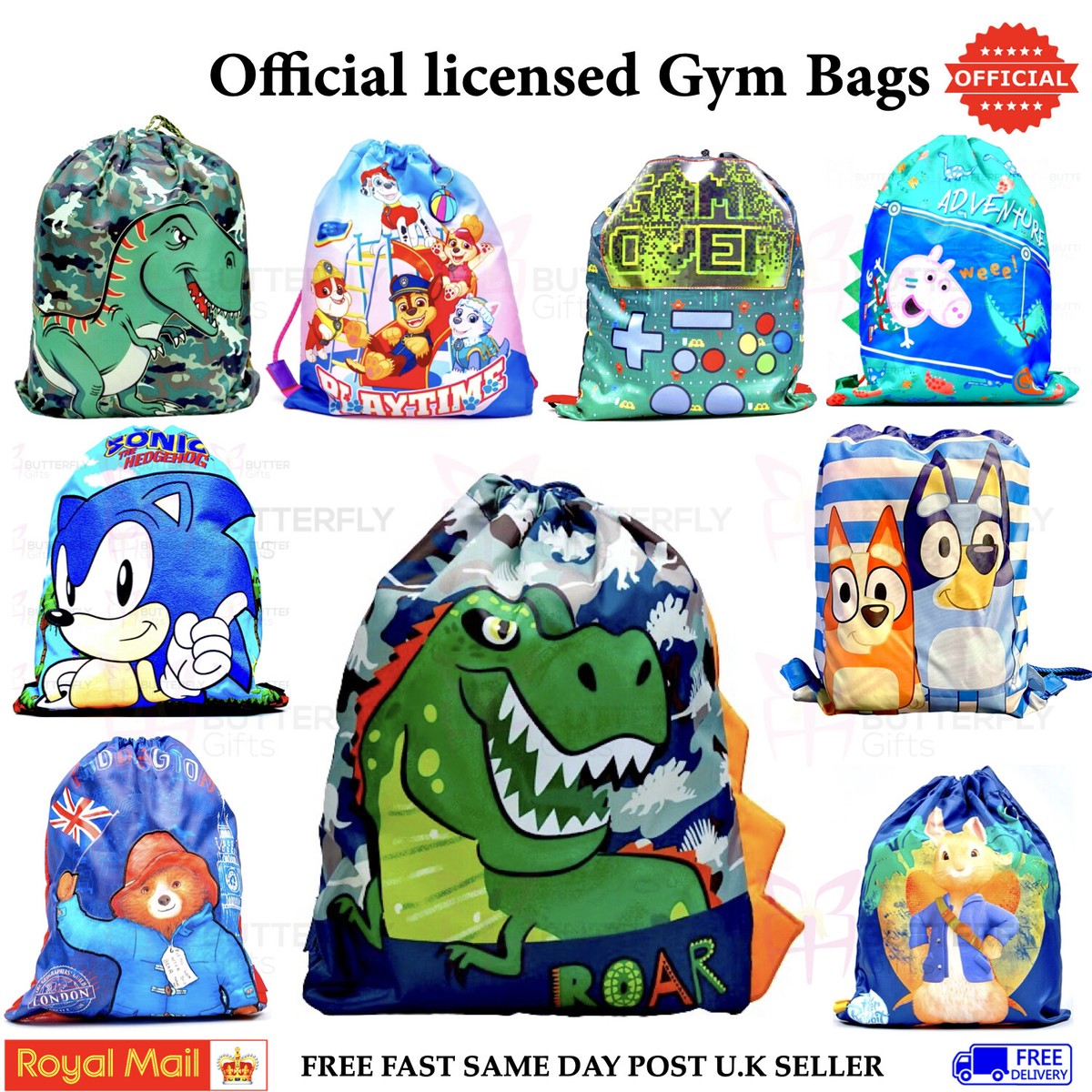 Kids Character Gym Bag PE School Swim Sports Drawstring Boys Girls