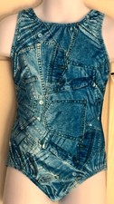 GK FADED DENIM CHILD SMALL PRINT VELVET GYMNASTIC DANCE TANK LEOTARD Sz CS NWT 