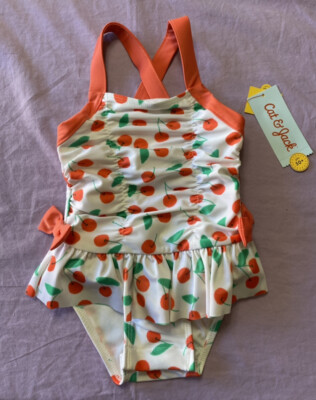 Cat & Jack Baby Girl 1 Piece Cherry Print Ruffles Crossed Strap Swimsuit White