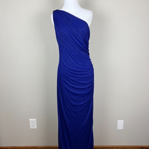 Betsy & Adam Gown Dress Womens 14 Purple One Shoulder Ruched Side Slit Glitter