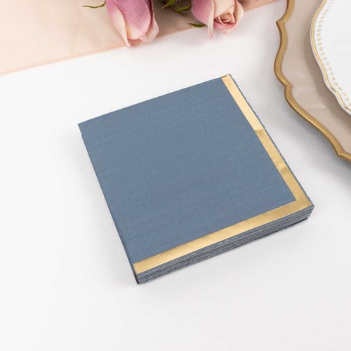 DUSTY BLUE 50 Soft 2 Ply Disposable Dinner Cocktail Paper Napkins with Gold - Picture 2 of 8