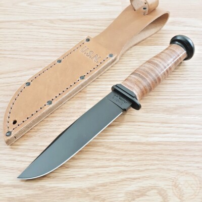 Ka-Bar Mark 1 Fixed Knife 5'' 1095 Cro-Van Steel Blade Stacked Leather Handle