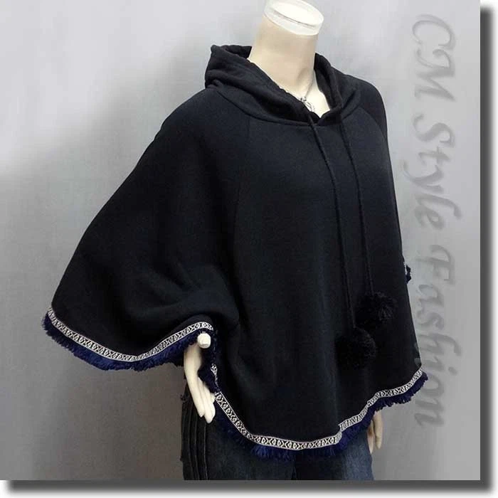 OFF WHITE Poncho Top in Pile con Cappuccio Pom Pom Frange Nero M~L
