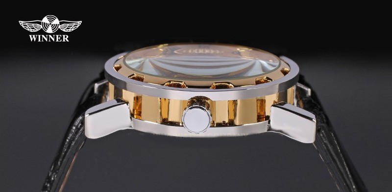 Classic Men's Gold Dial Skeleton Black Leather Mechanical Sport Army Wrist Watch