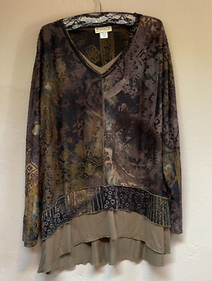 Impulse California Womens Jacquard Tiered Hem Tunic Top XL Brown Lagenlook Boho