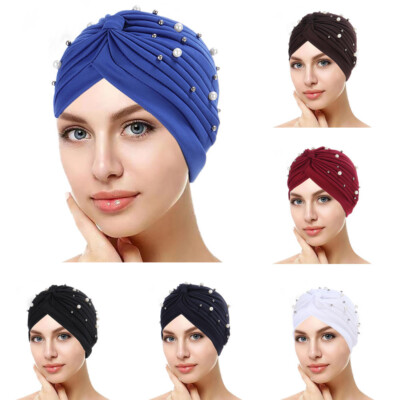 Women's Turban Hat Beaded Pearls Muslim Wrap Hair Cap Hijab